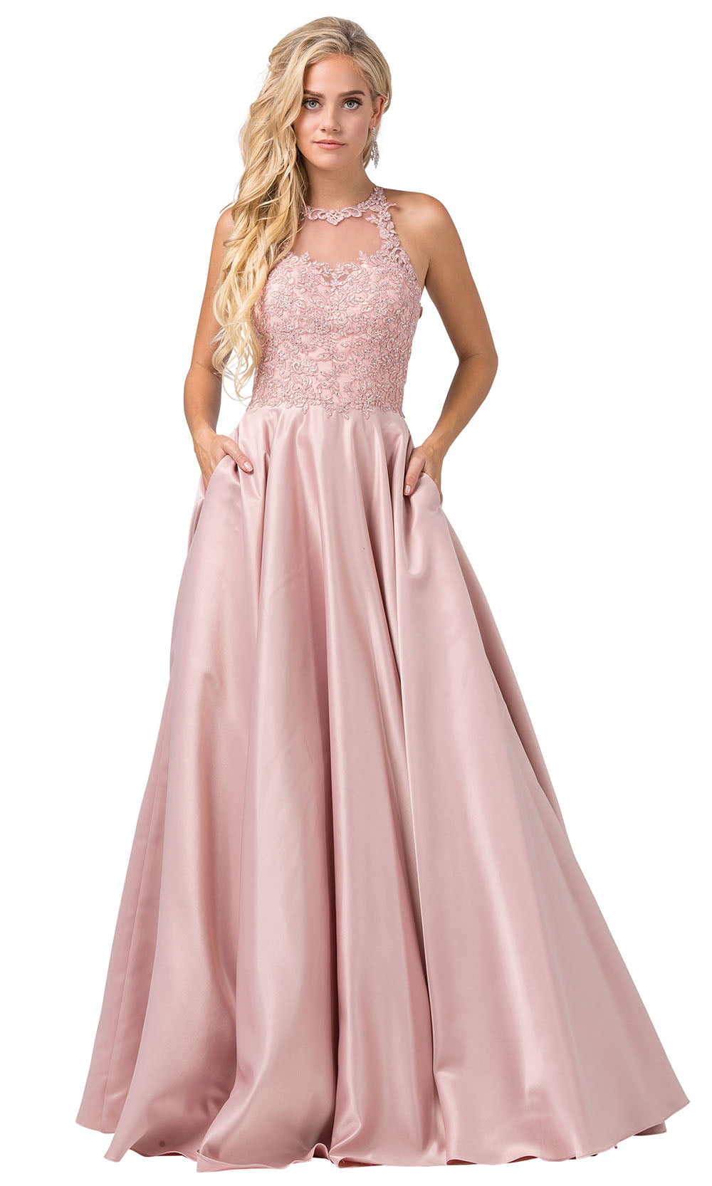 Dancing Queen - 2625 Embroidered Halter Neck A-Line Dress In Pink and Gold