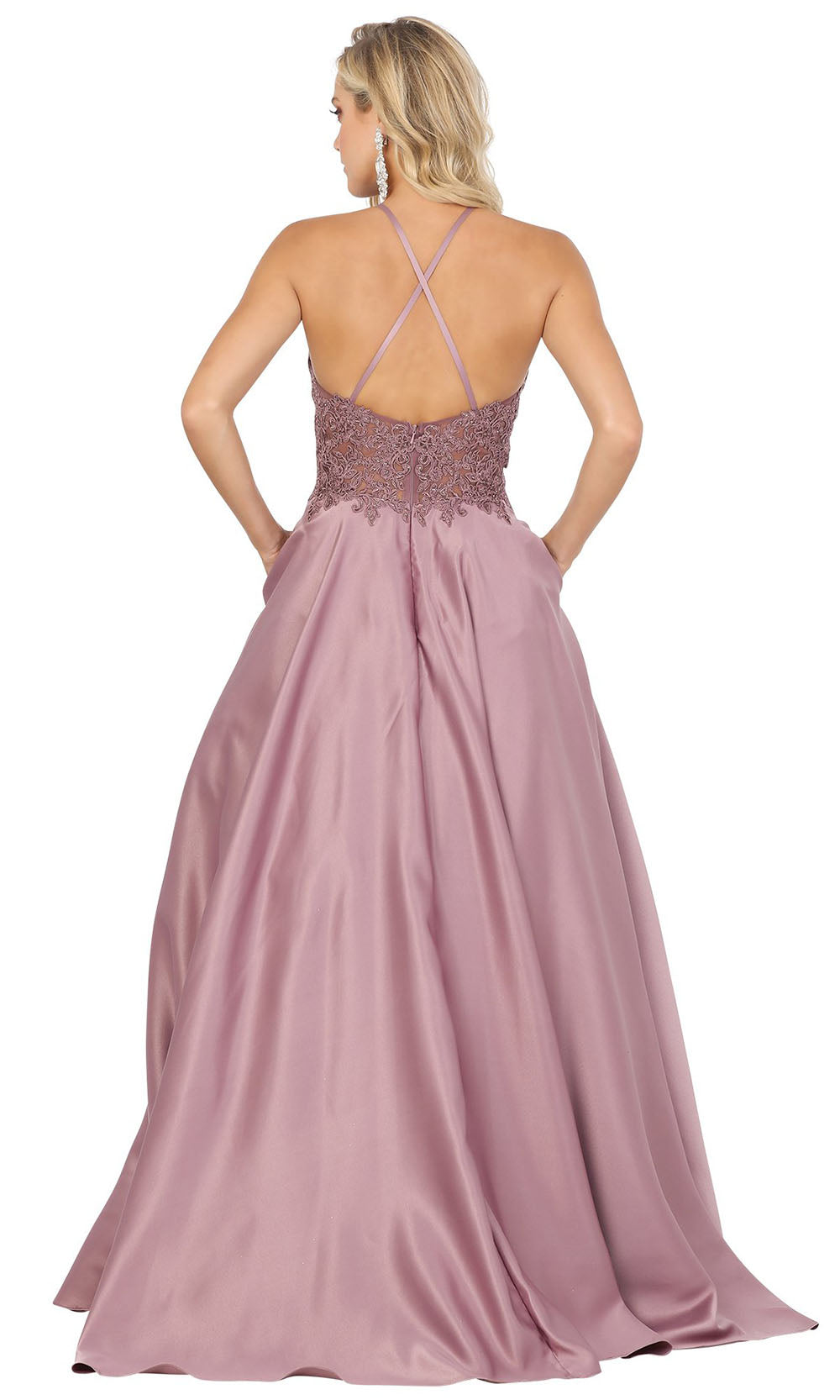 Dancing Queen - 2625 Embroidered Halter Neck A-Line Dress In Brown