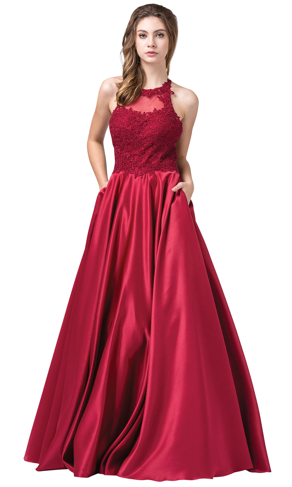 Dancing Queen - 2625 Embroidered Halter Neck A-Line Dress In Red