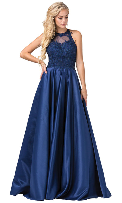 Dancing Queen - 2625 Embroidered Halter Neck A-Line Dress In Blue