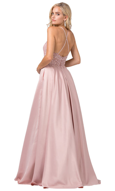 Dancing Queen - 2625 Embroidered Halter Neck A-Line Dress In Pink and Gold