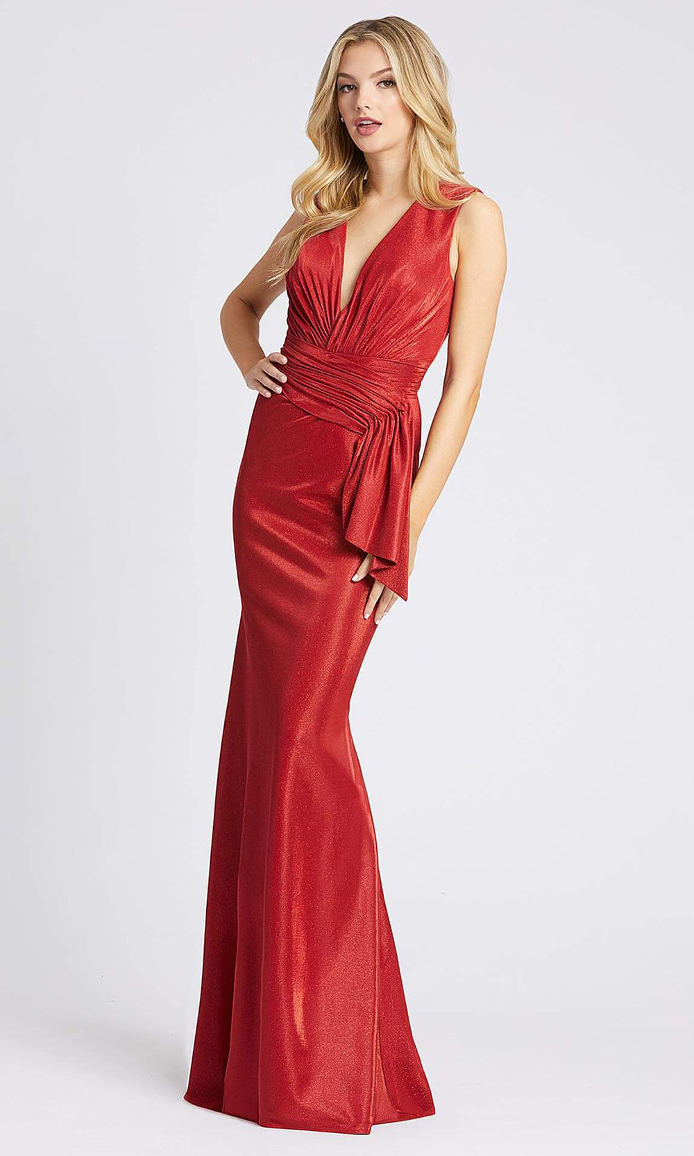 Mac Duggal - 26261I Deep V Neck Wrapped Trumpet Dress In Red
