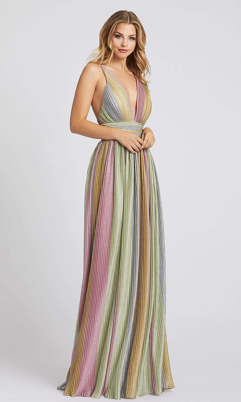 Mac Duggal - 26274I Shirr-Ornate V-Neck Multi-Colored Dress In Multi-Color