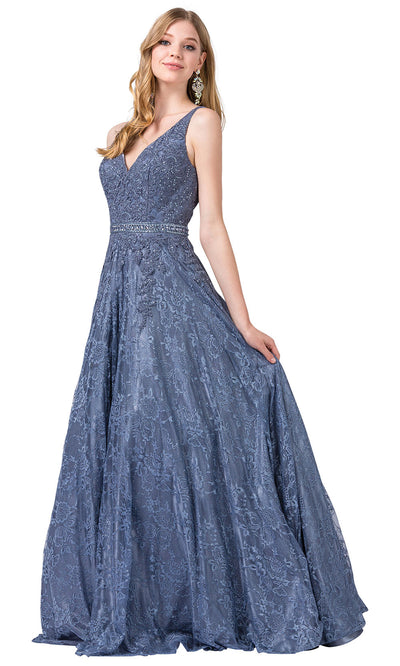Dancing Queen - 2646 Floral Embroidered A-Line Prom Dress In Blue