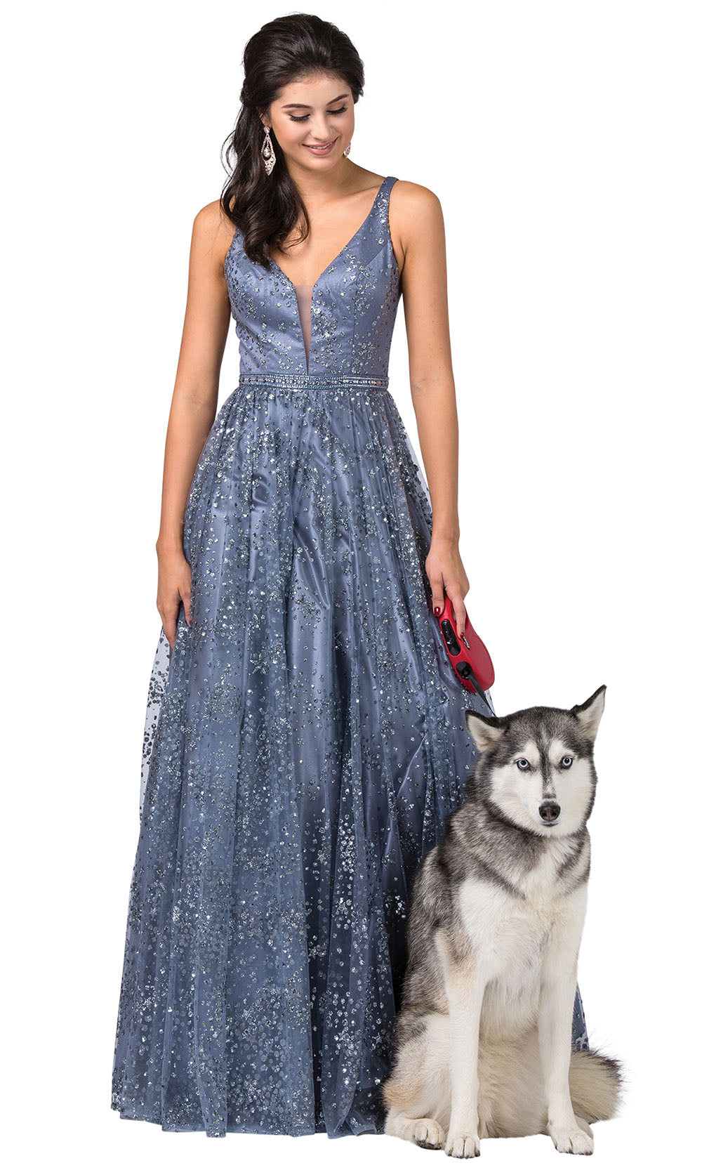 Dancing Queen - 2650 Plunging Glitter Accented A-Line Dress In Blue