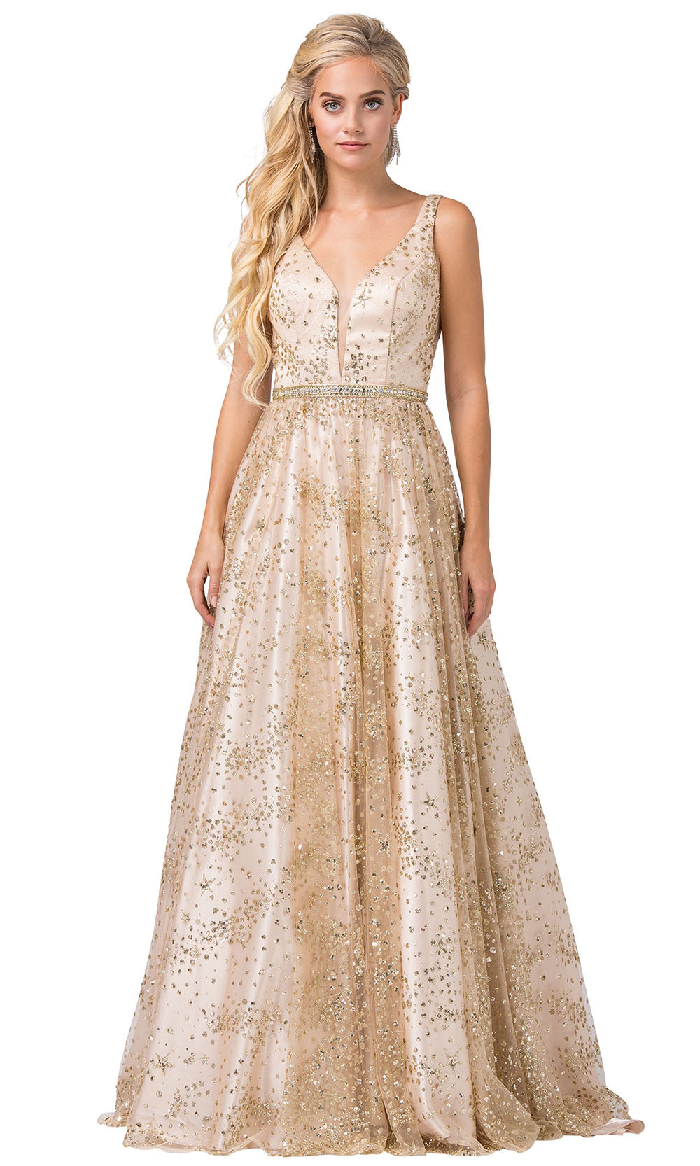 Dancing Queen - 2650 Plunging Glitter Accented A-Line Dress In Gold