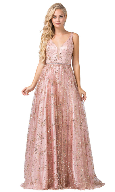 Dancing Queen - 2650 Plunging Glitter Accented A-Line Dress In Pink