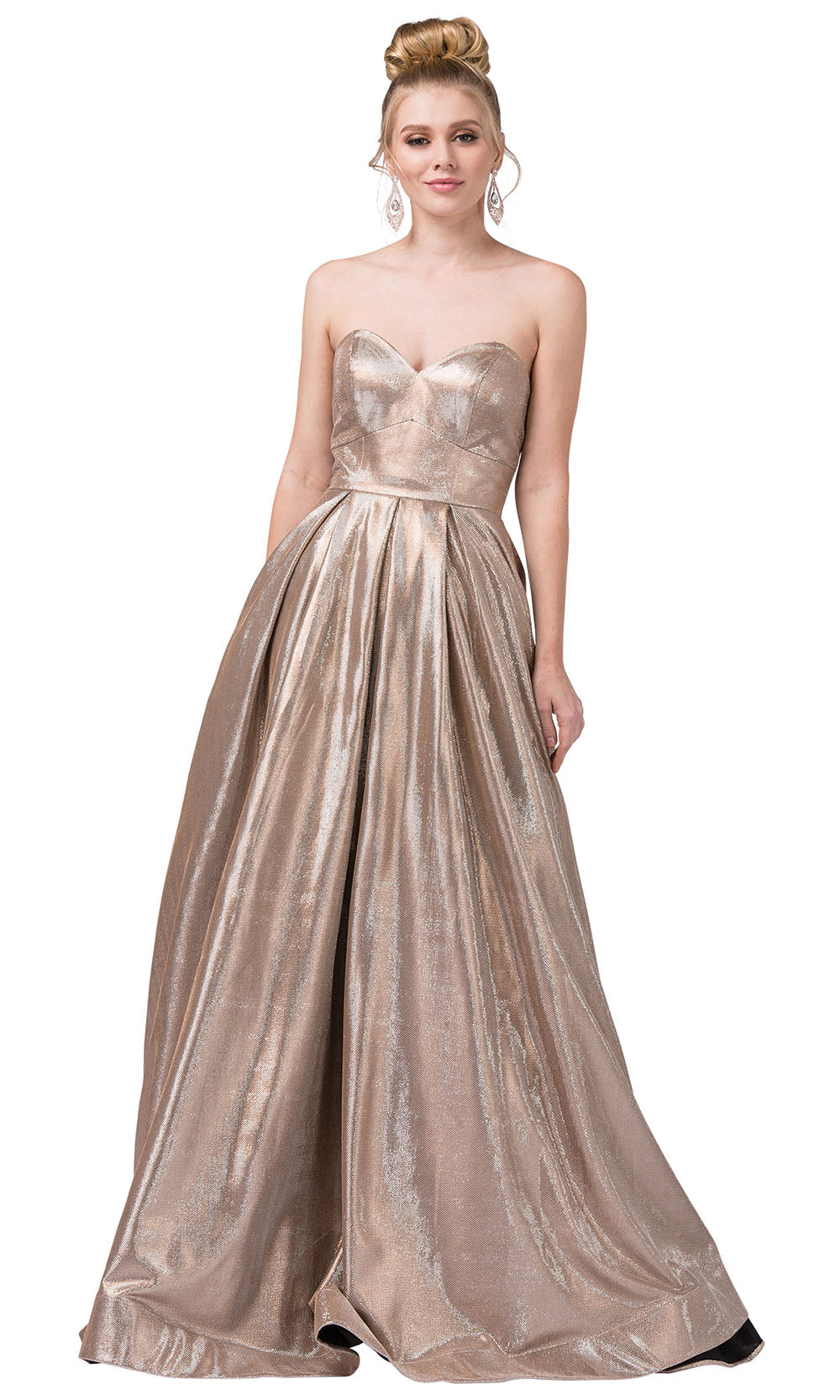Dancing Queen - 2651 Strapless Shimmer Metallic A-Line Gown In Champagne & Gold