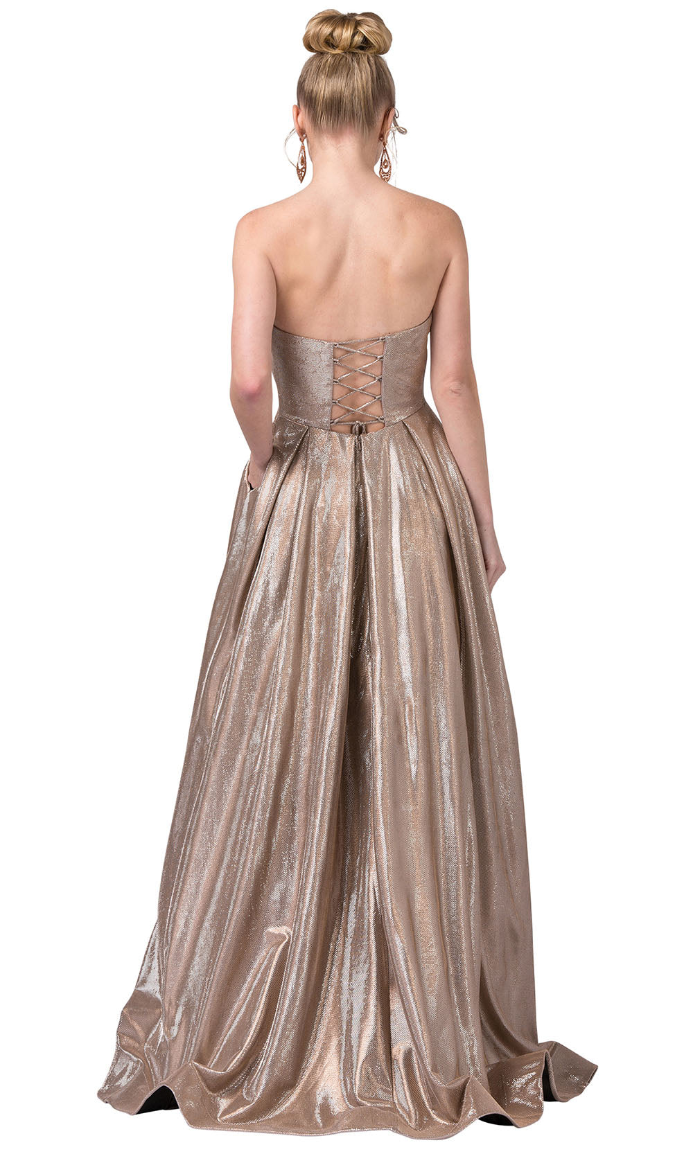Dancing Queen - 2651 Strapless Shimmer Metallic A-Line Gown In Champagne & Gold