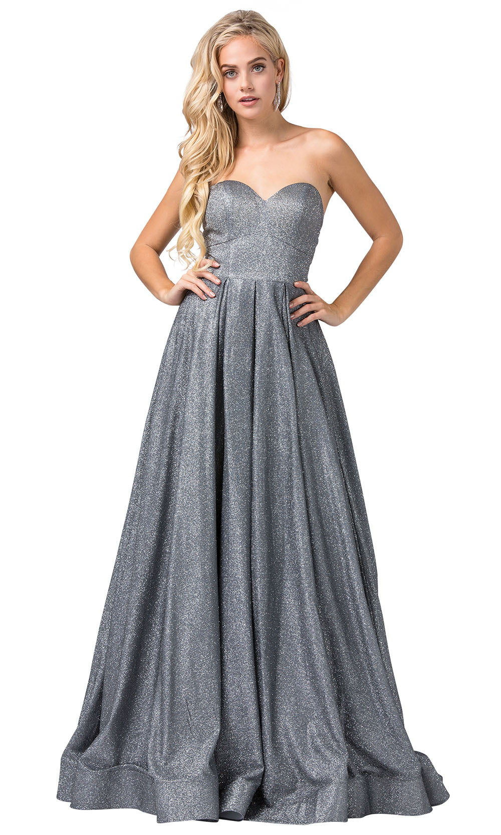 Dancing Queen - 2651 Strapless Shimmer Metallic A-Line Gown In Silver & Gray