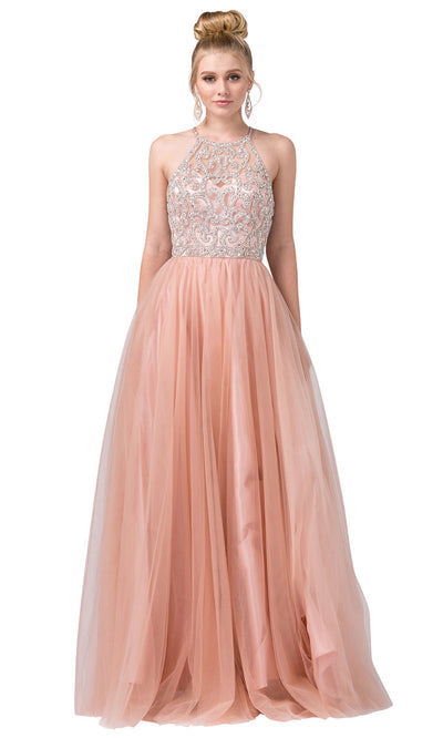 Dancing Queen - 2685 Crystal Beaded Halter Prom Dress In Pink and Gold