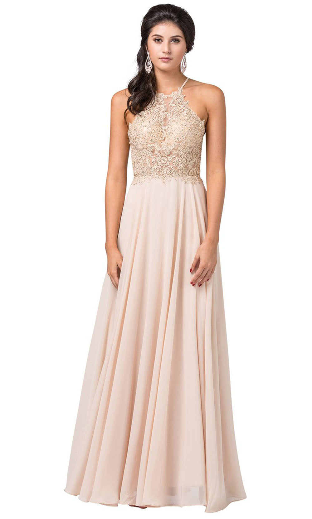 Dancing Queen - 2716 Embroidered Halter A-Line Dress In Champagne & Gold