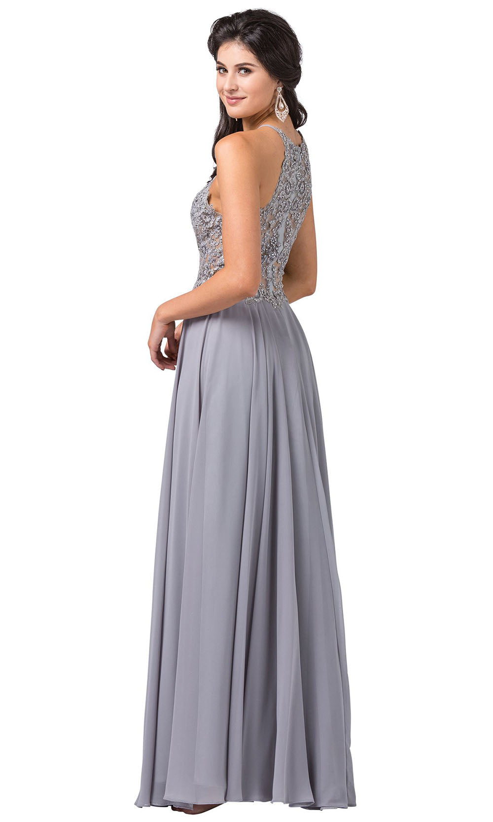 Dancing Queen - 2716 Embroidered Halter A-Line Dress In Silver & Gray