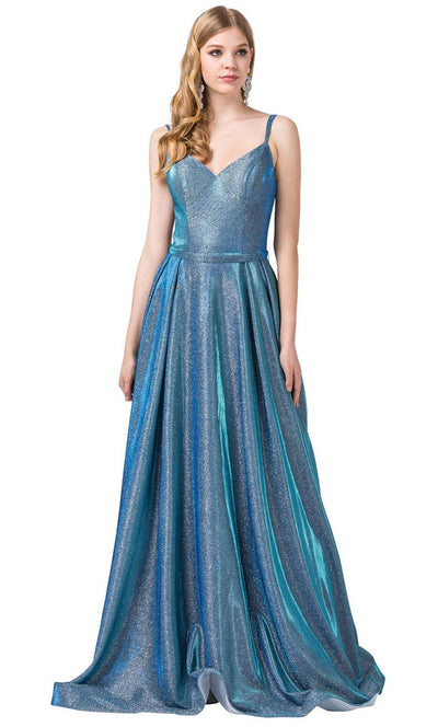 Dancing Queen - 2720 Sleeveless V-Neck Shimmer A-Line Gown In Blue