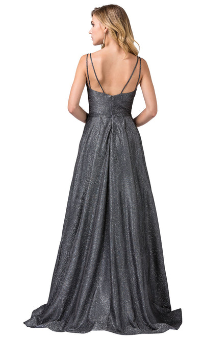 Dancing Queen - 2720 Sleeveless V-Neck Shimmer A-Line Gown In Silver & Gray