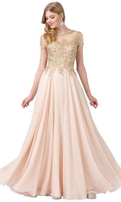 Dancing Queen - 2727 Embroidered Bateau Neck A-Line Gown In Neutral