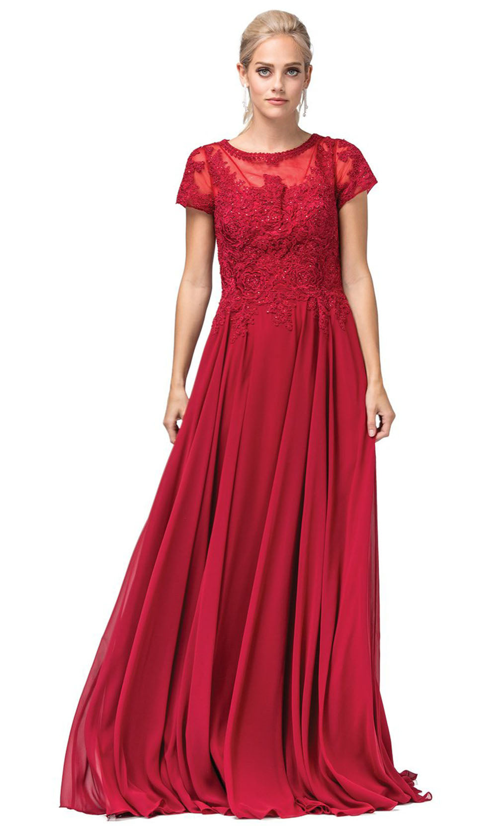 Dancing Queen - 2727 Embroidered Bateau Neck A-Line Gown In Red