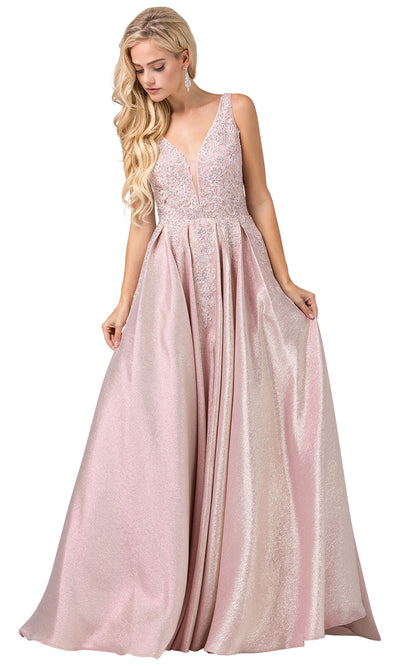 Dancing Queen - 2747 V Neck And Back A-Line Metallic Gown In Pink