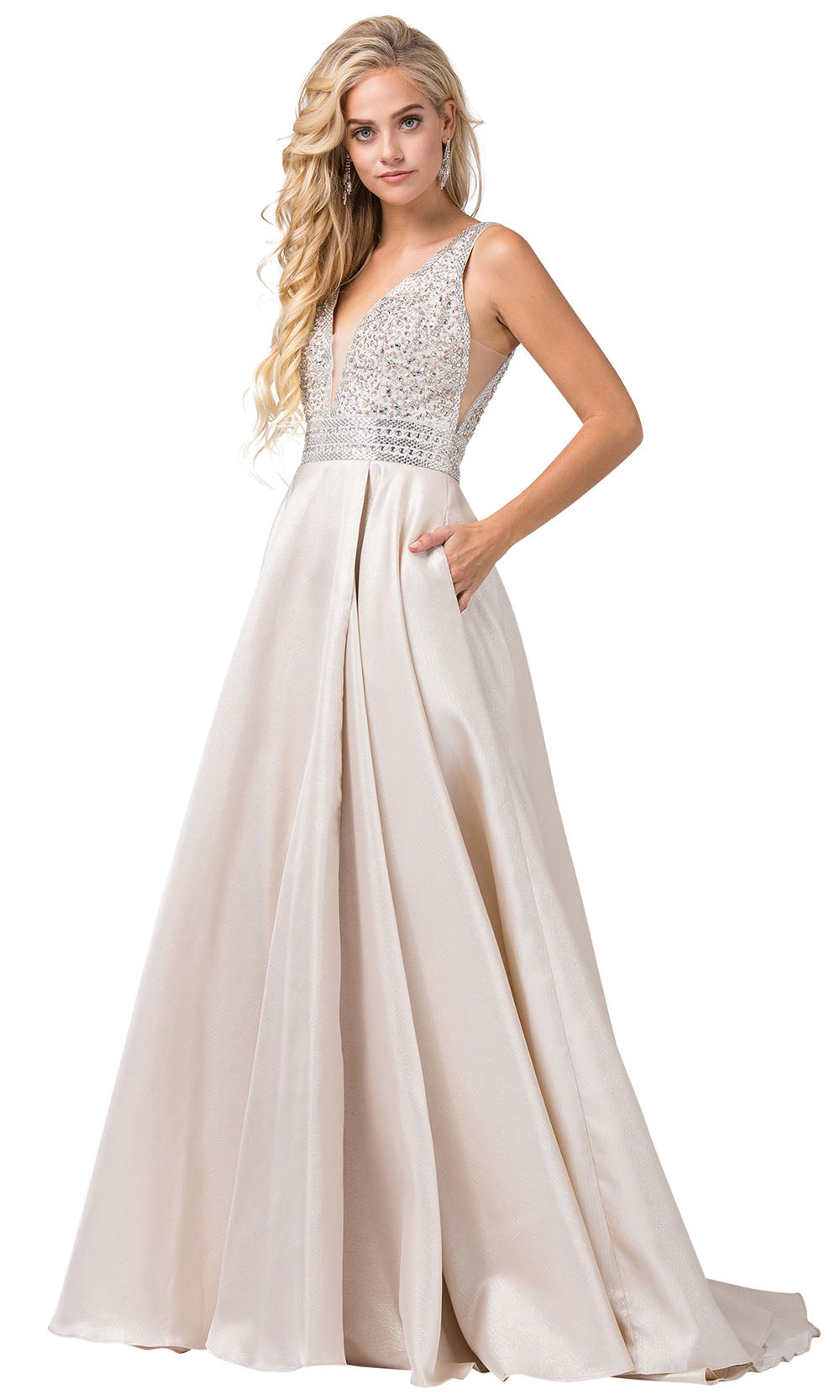 Dancing Queen - 2748 Deep Neck Beaded Shiny Gown In Silver and Neutral