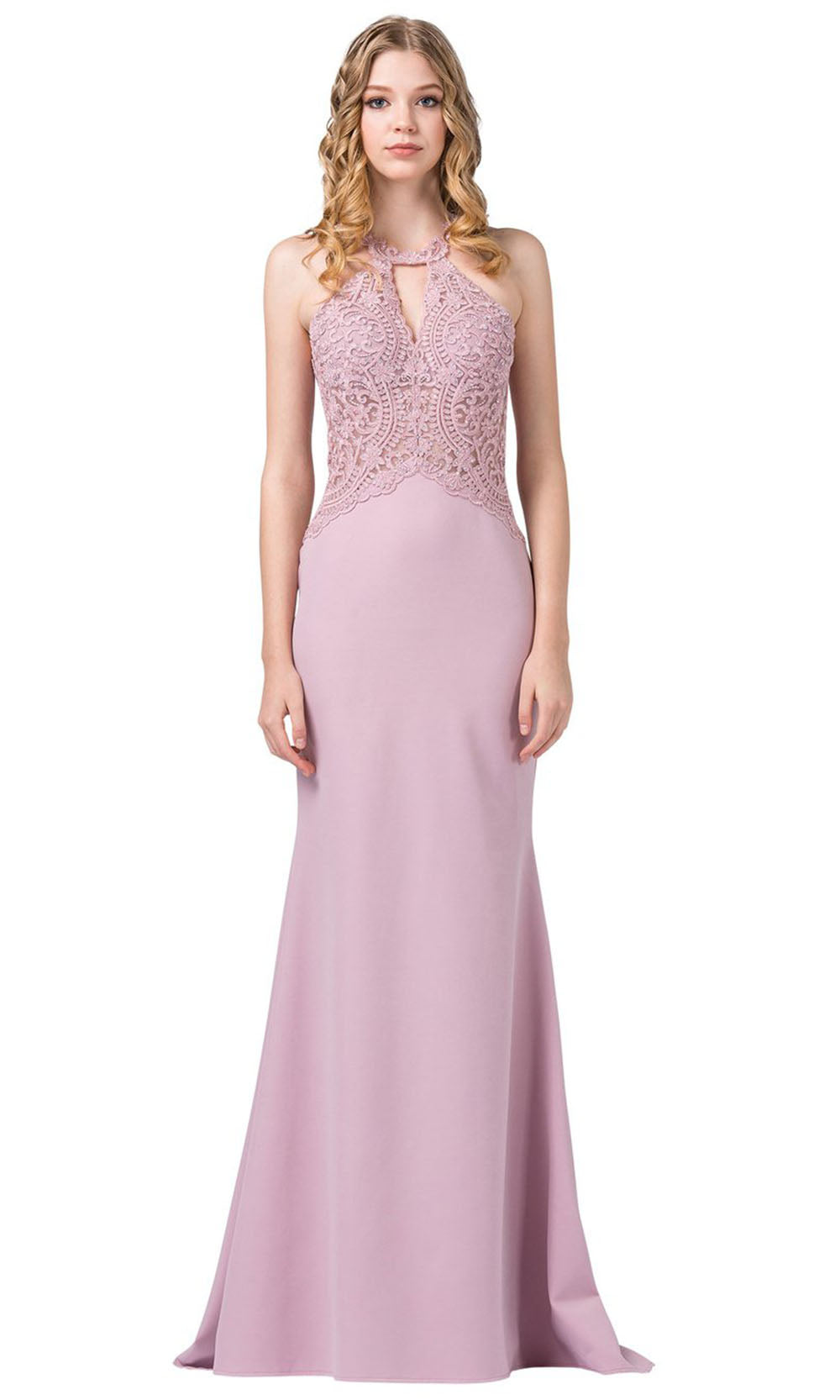 Dancing Queen - 2787 Embroidered Cutout Halter Long Dress In Pink