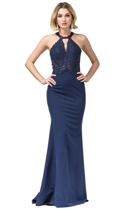 Dancing Queen - 2787 Embroidered Cutout Halter Long Dress In Blue