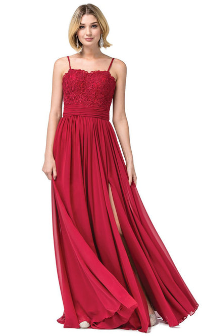 Dancing Queen - 2789 Sleeveless Lace Bodice Slit A-Line Gown In Burgundy