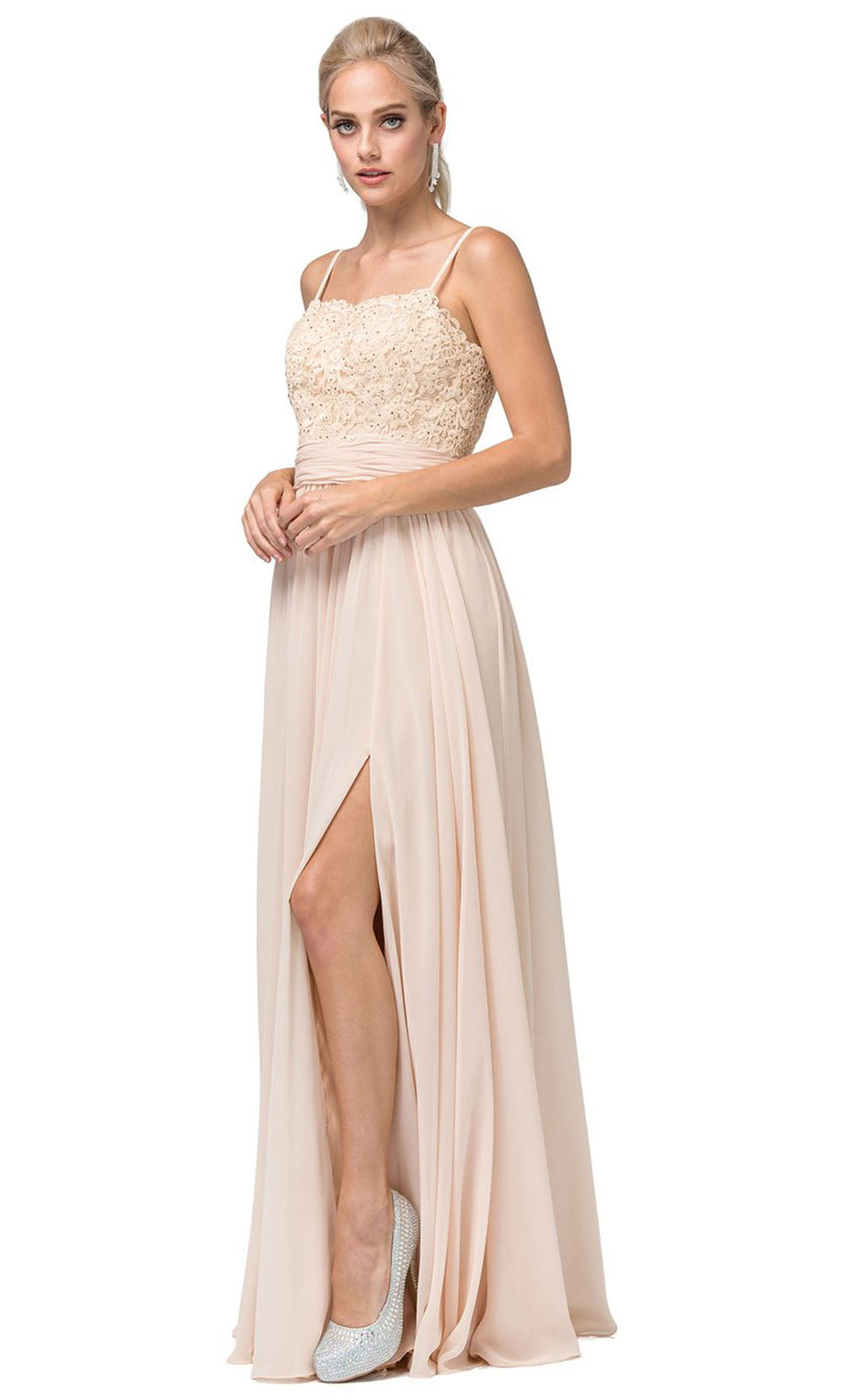 Dancing Queen - 2789 Sleeveless Lace Bodice Slit A-Line Gown In Champagne & Gold