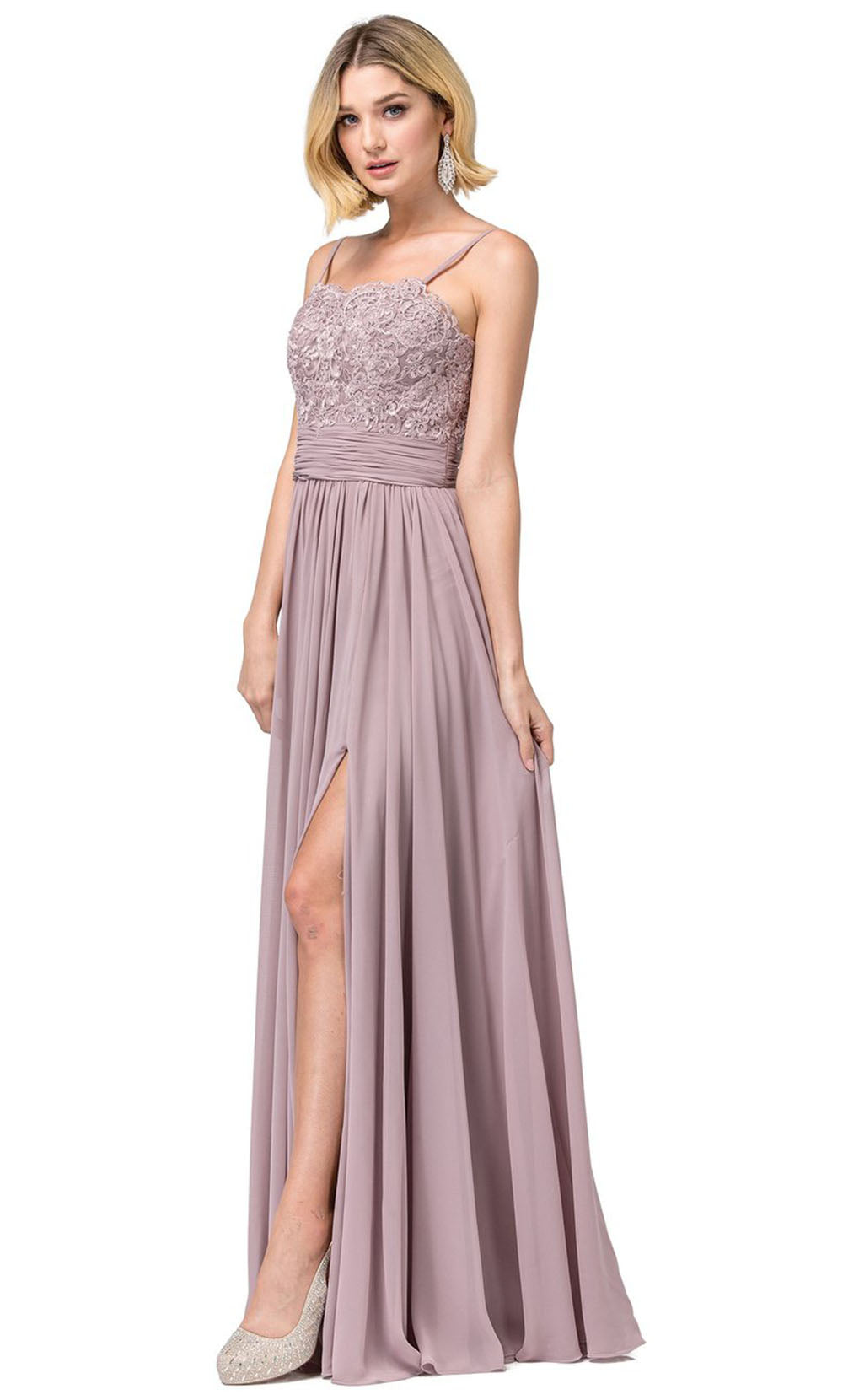 Dancing Queen - 2789 Sleeveless Lace Bodice Slit A-Line Gown In Brown