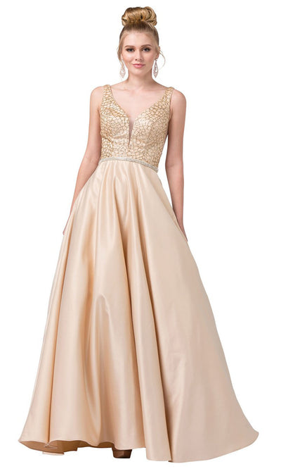 Dancing Queen - 2805 Glittery Bodice Linen A-Line Gown In Neutral