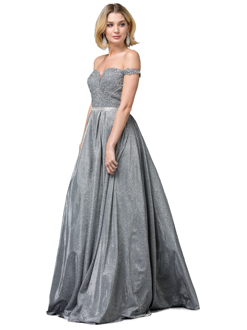 Dancing Queen - 2820 Off Shoulder Glittered A-Line Gown In Gray and Silver