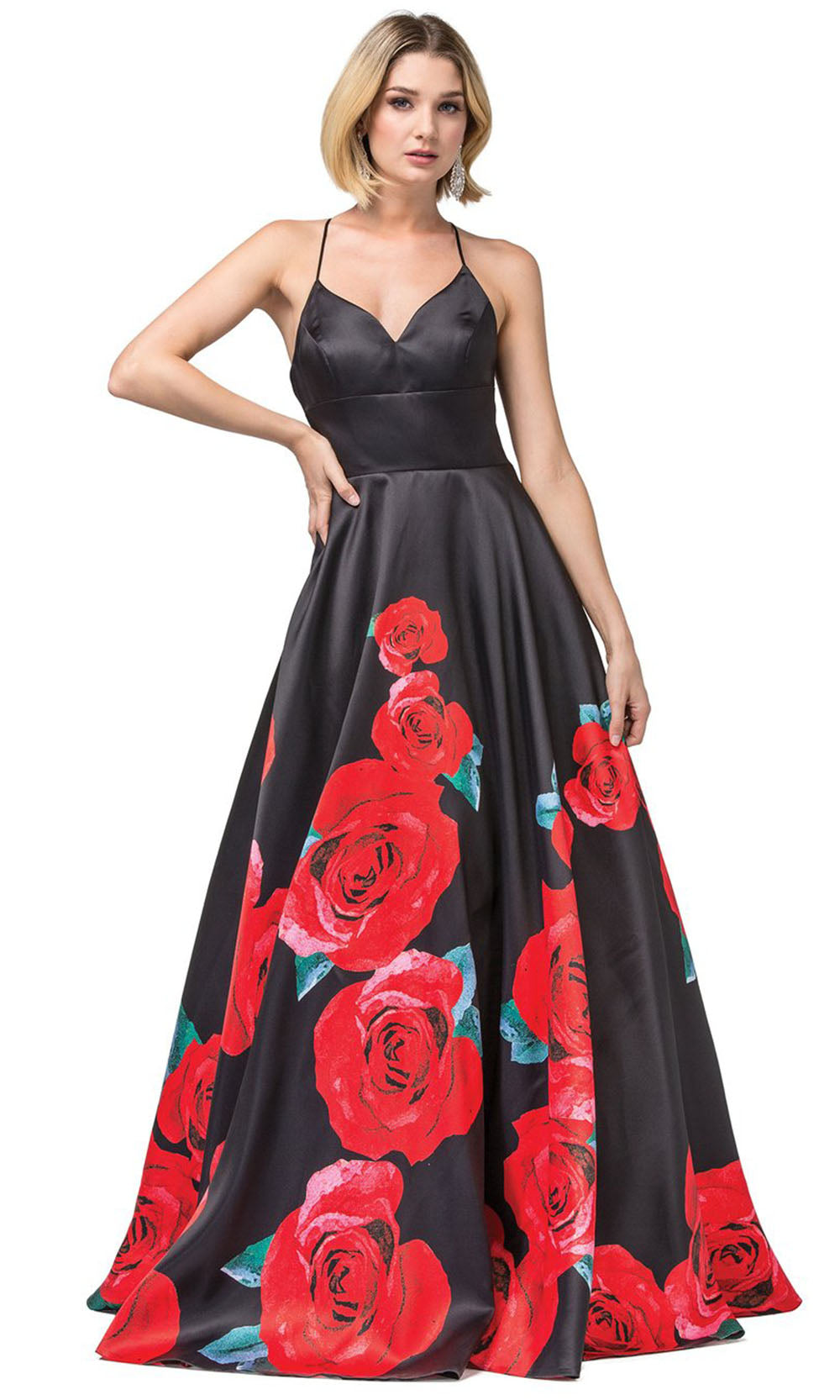 Dancing Queen - 2843 Floral Printed Taffeta Long Gown In Black and Red