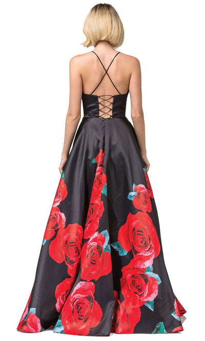 Dancing Queen - 2843 Floral Printed Taffeta Long Gown In Black and Red