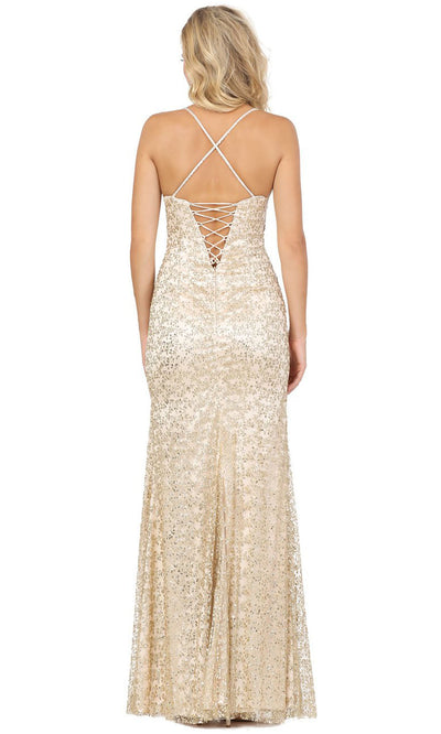 Dancing Queen - 2898 Beaded Spaghetti Strap Embellished Sheath Gown In Champagne & Gold