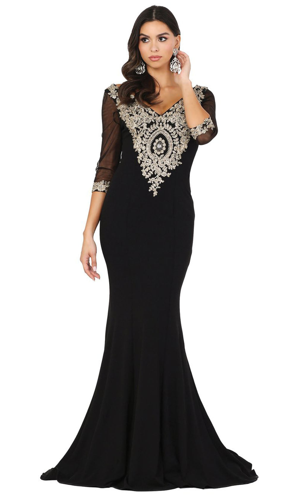Dancing Queen - 2911 Metallic Lace Applique Quarter Sleeve Gown In Black