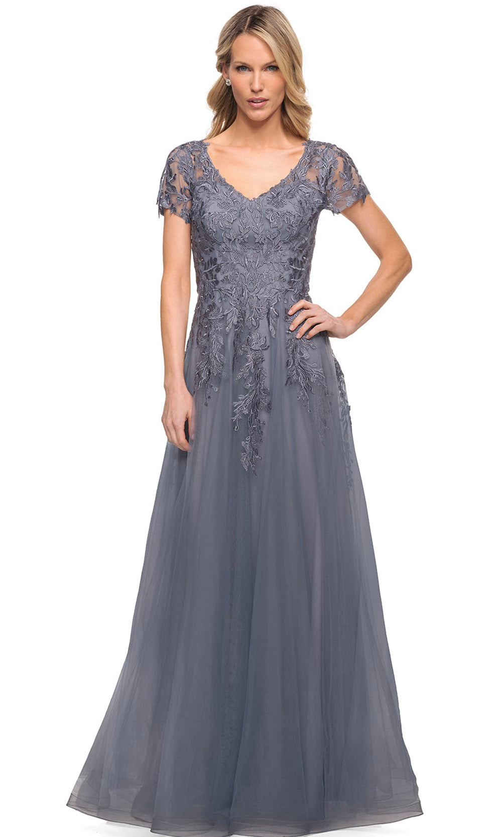 La Femme - 29164 Lace And Tulle A Line Long Evening Dress In Gray