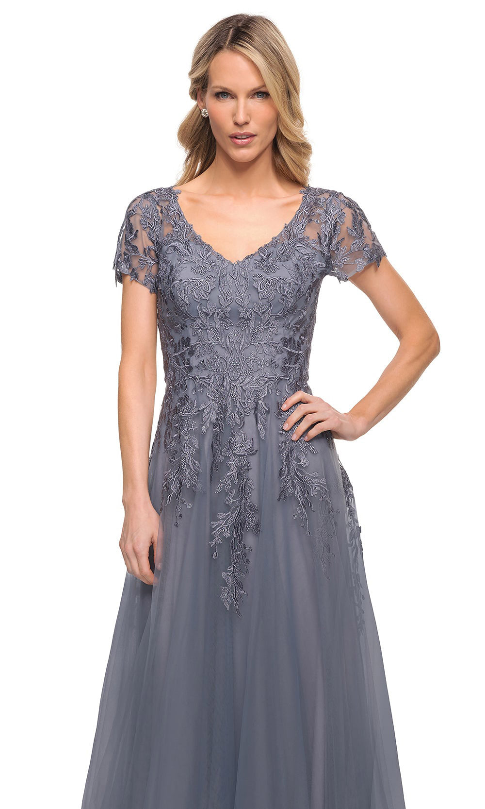 La Femme - 29164 Lace And Tulle A Line Long Evening Dress In Gray