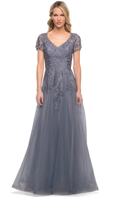 La Femme - 29164 Lace And Tulle A Line Long Evening Dress In Gray