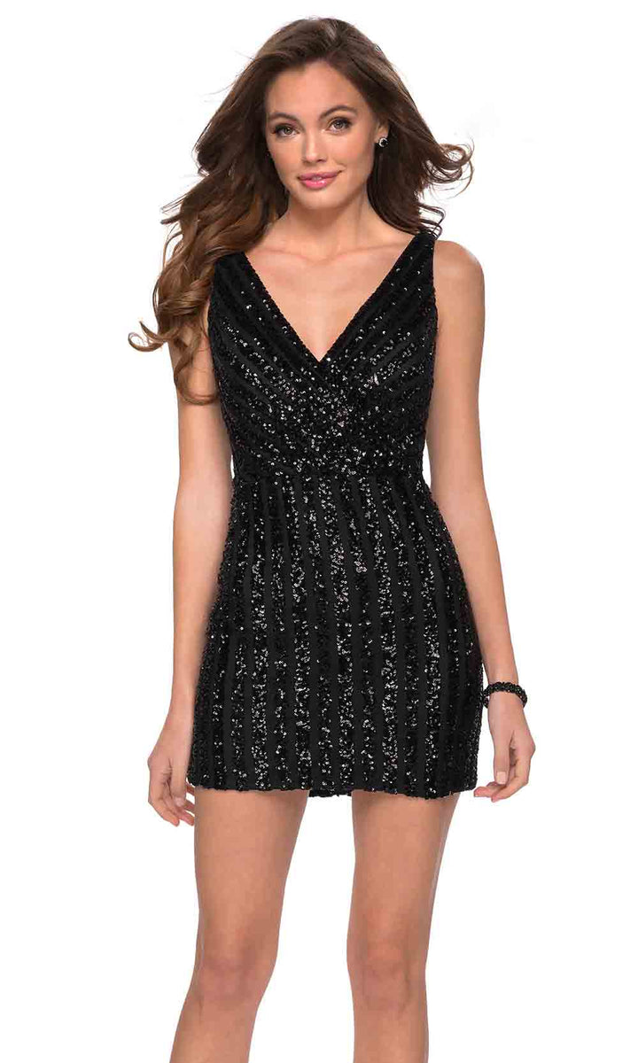 Black La Femme 29169 Sequined V Neck Cocktail Dress Short