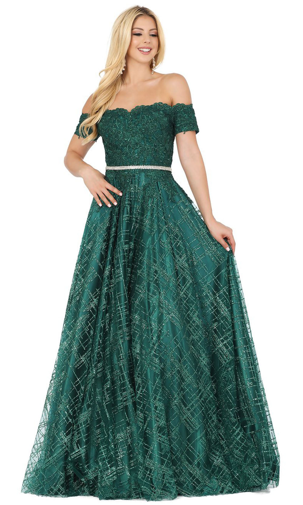 Dancing Queen - 2937 Appliqued Off Shoulder Glitter Ballgown In Green