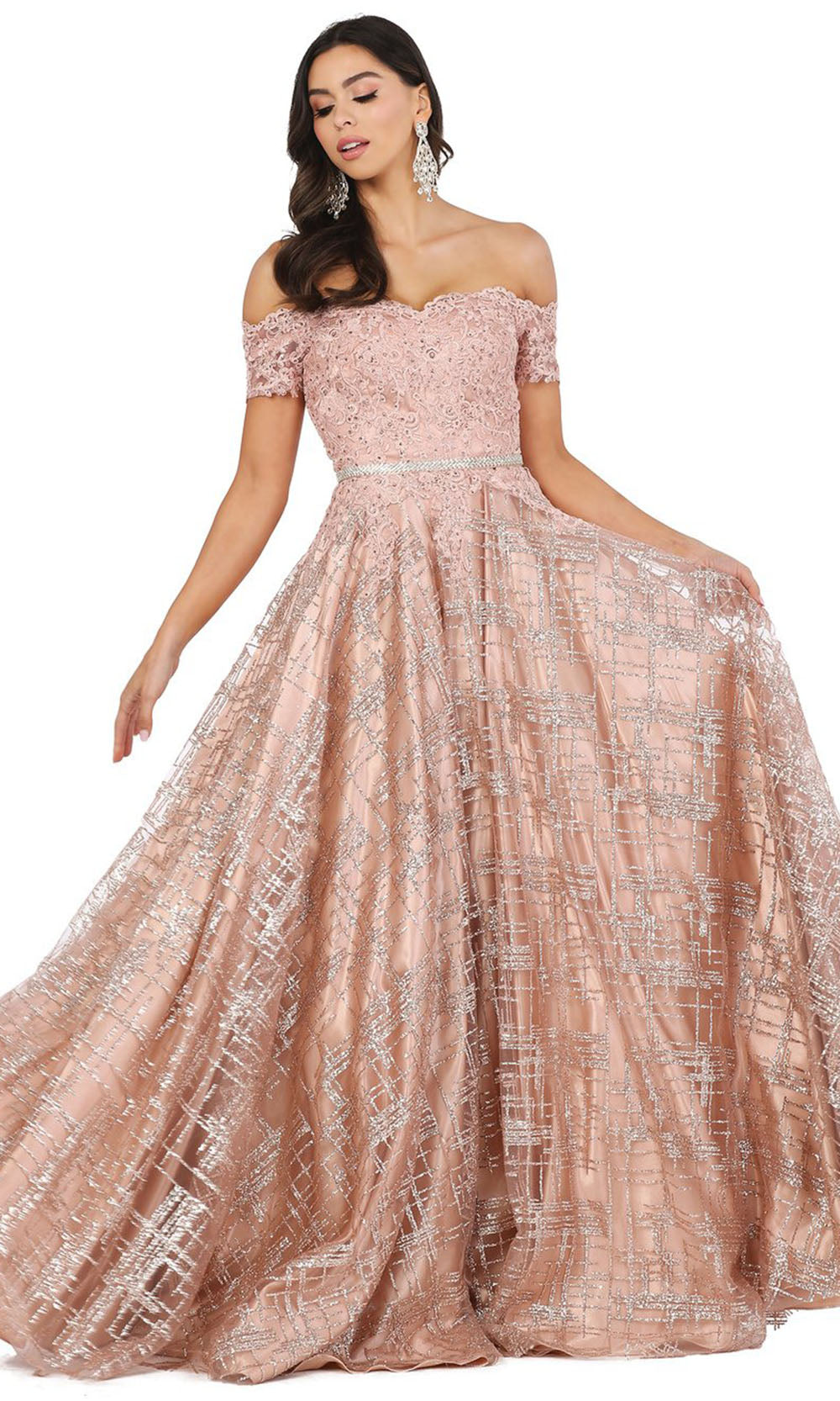 Dancing Queen - 2937 Appliqued Off Shoulder Glitter Ballgown In Pink
