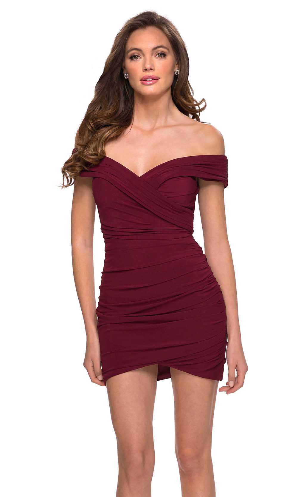 La Femme - 29486 Ruched Off Shoulder Sheath Dress In Burgundy
