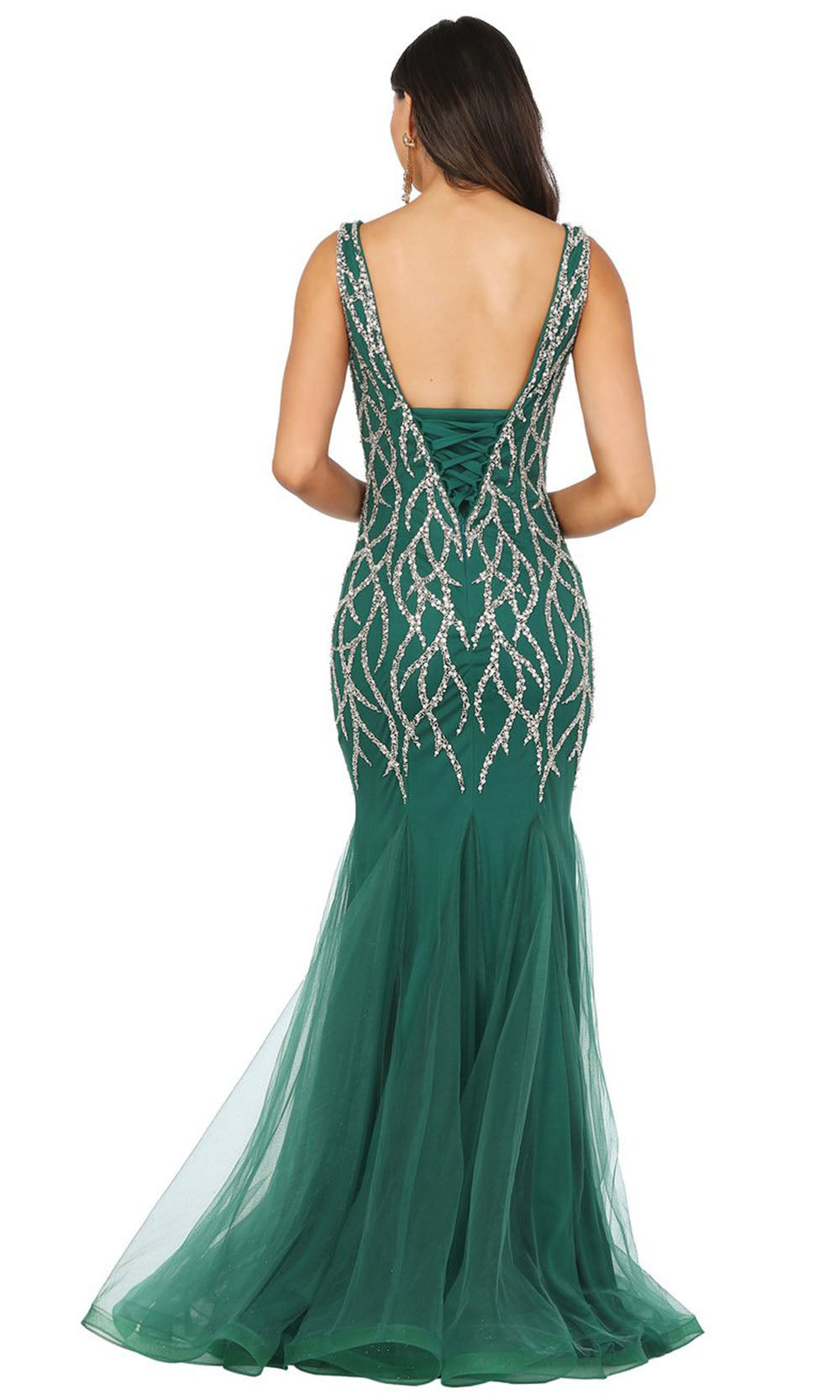 Dancing Queen - 2957 Beaded V-Neck Godet Mermaid Dress In Green
