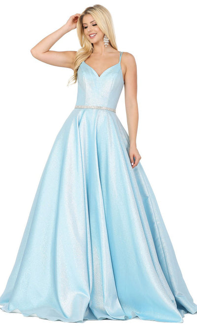 Dancing Queen - 2958 V Neck Minimalist Shiny Prom Dress In Blue