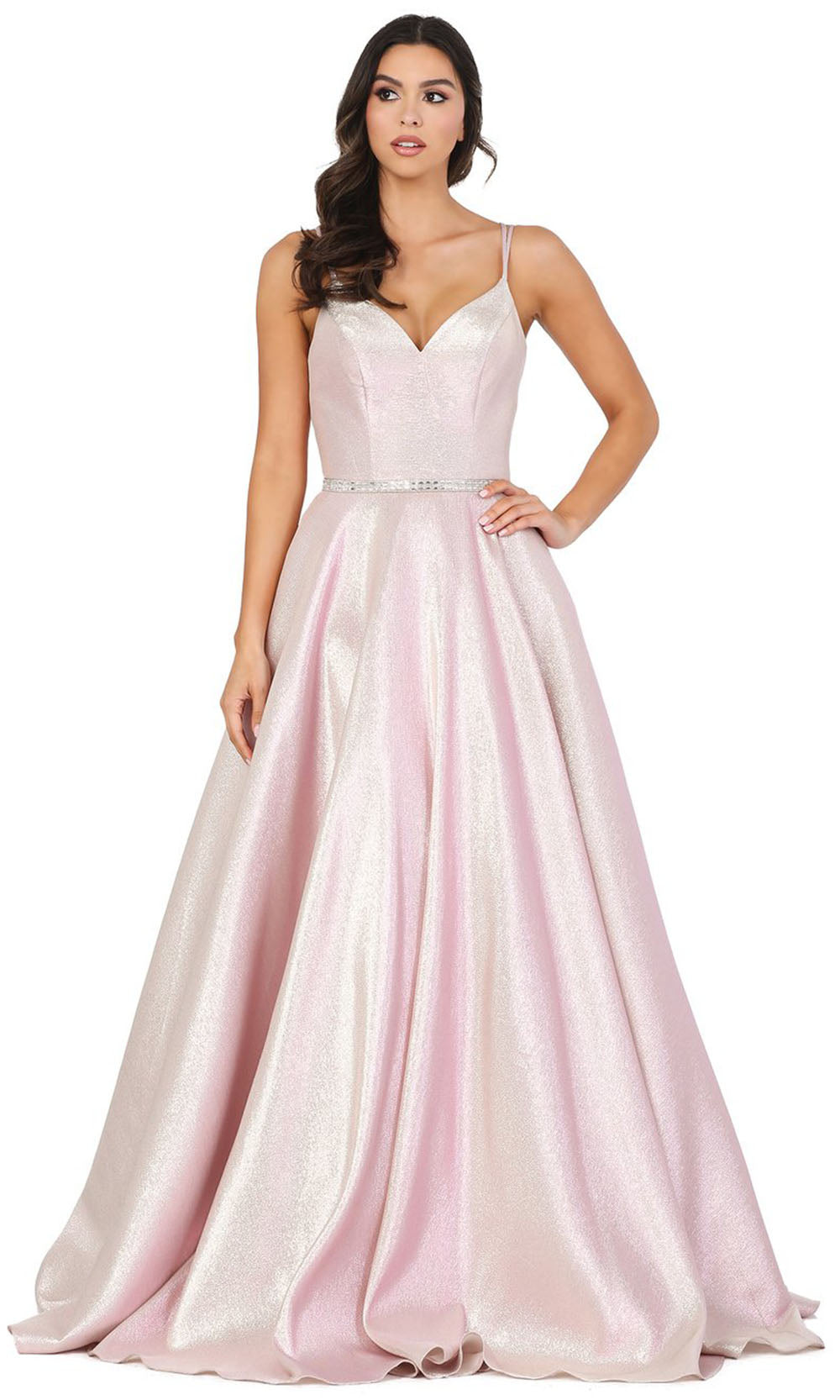 Dancing Queen - 2958 V Neck Minimalist Shiny Prom Dress In Pink