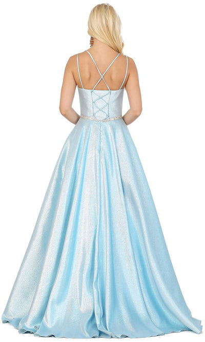Dancing Queen - 2958 V Neck Minimalist Shiny Prom Dress In Blue