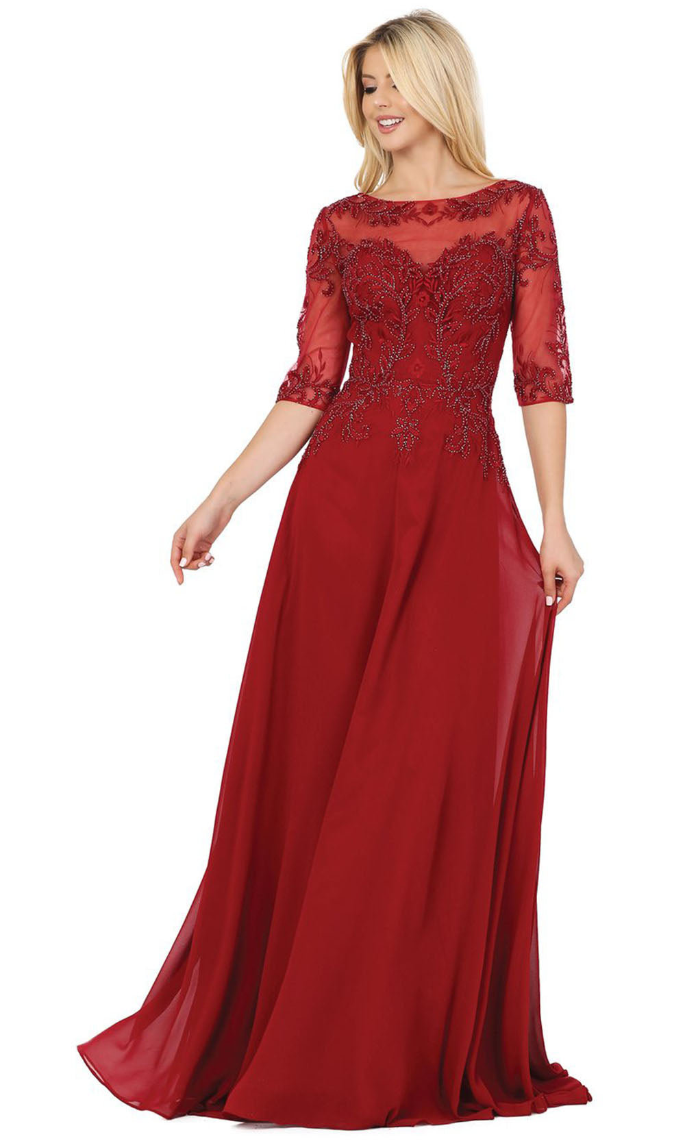 Dancing Queen - 2980 Embroidered Bateau Neck Gown In Red