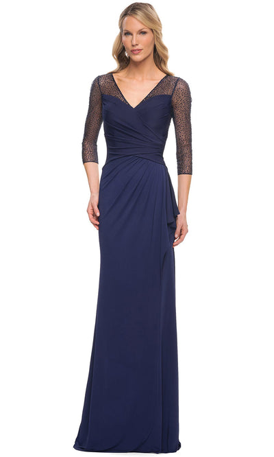 La Femme - 30028 Pleated Bodice Ruffled Long Evening Dress In Blue