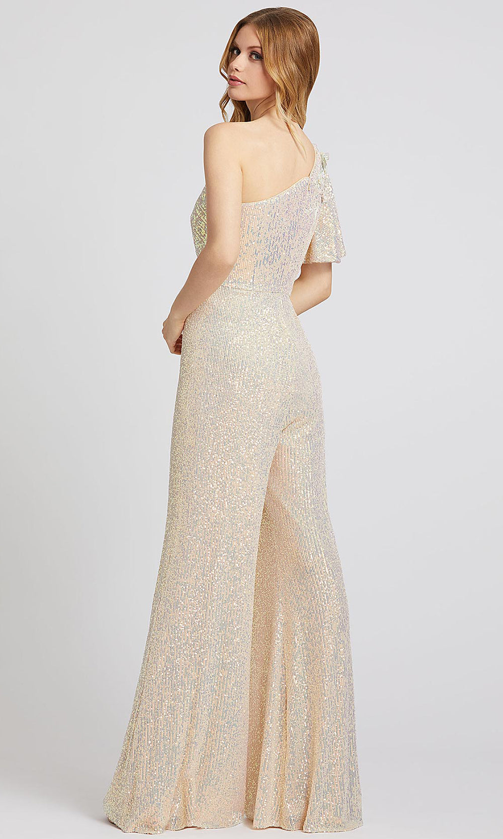Mac Duggal - 30692A Draped One Shoulder Sequined Jumpsuit In Champagne & Gold