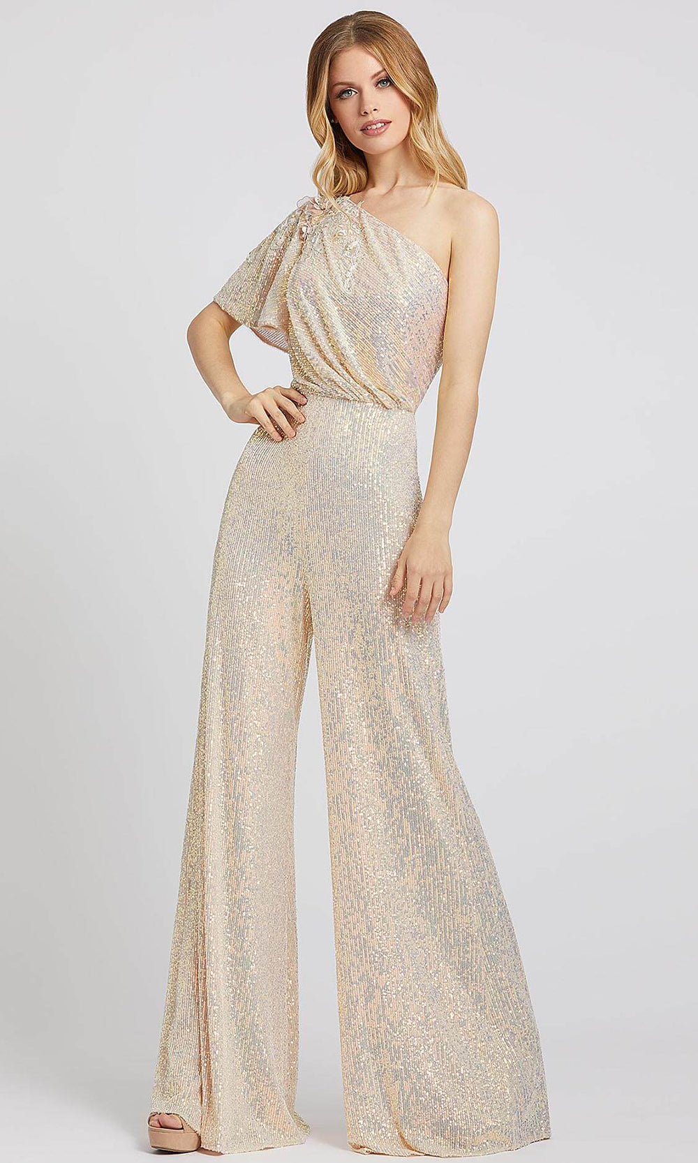 Mac Duggal - 30692A Draped One Shoulder Sequined Jumpsuit In Champagne & Gold