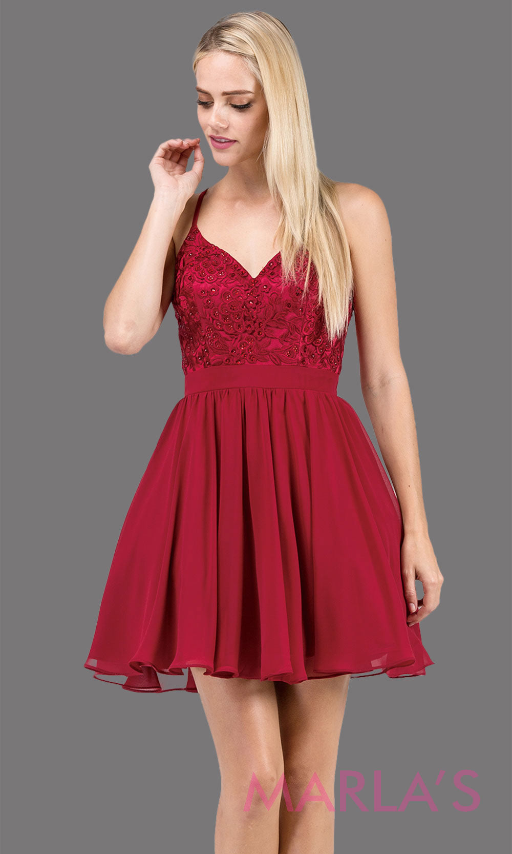 3088.4-Short burgundy red flowy chiffon grade 8 grad dress with straps and lace.This v neck dark red graduation dress is great for quinceanera damas, confirmation,bat mitzvah,junior bridesmaid. Plus size Avail